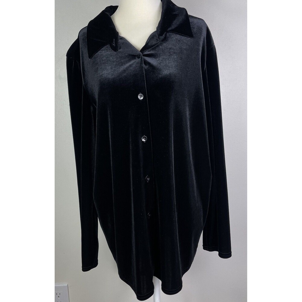 Vintage Kathie Lee Velvet Black Long Sleeve Button Up Blouse Top XL Elegant Vamp